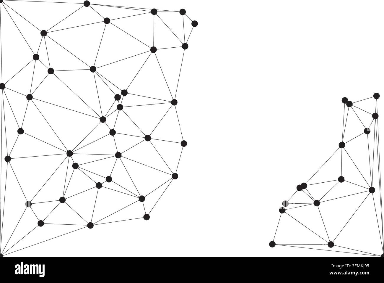 Dynamic composition showing broken sections of a neural network or map. Creative visualization of information flow, data sets, and complex relationshi Stock Vector