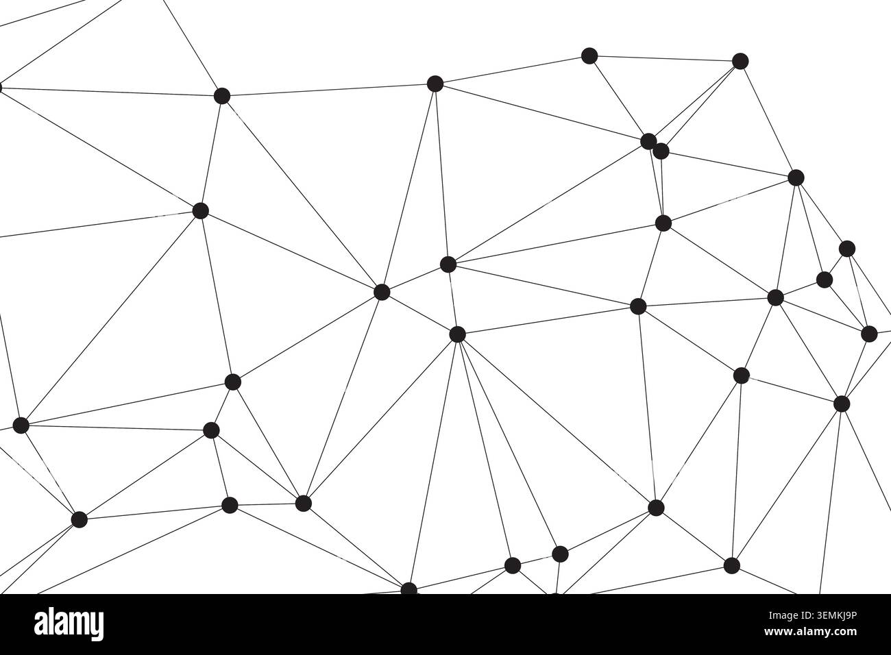 Abstract visual shows an interconnected network of black dots and lines on a pristine white background, ideal for representing data flow, digital comm Stock Vector
