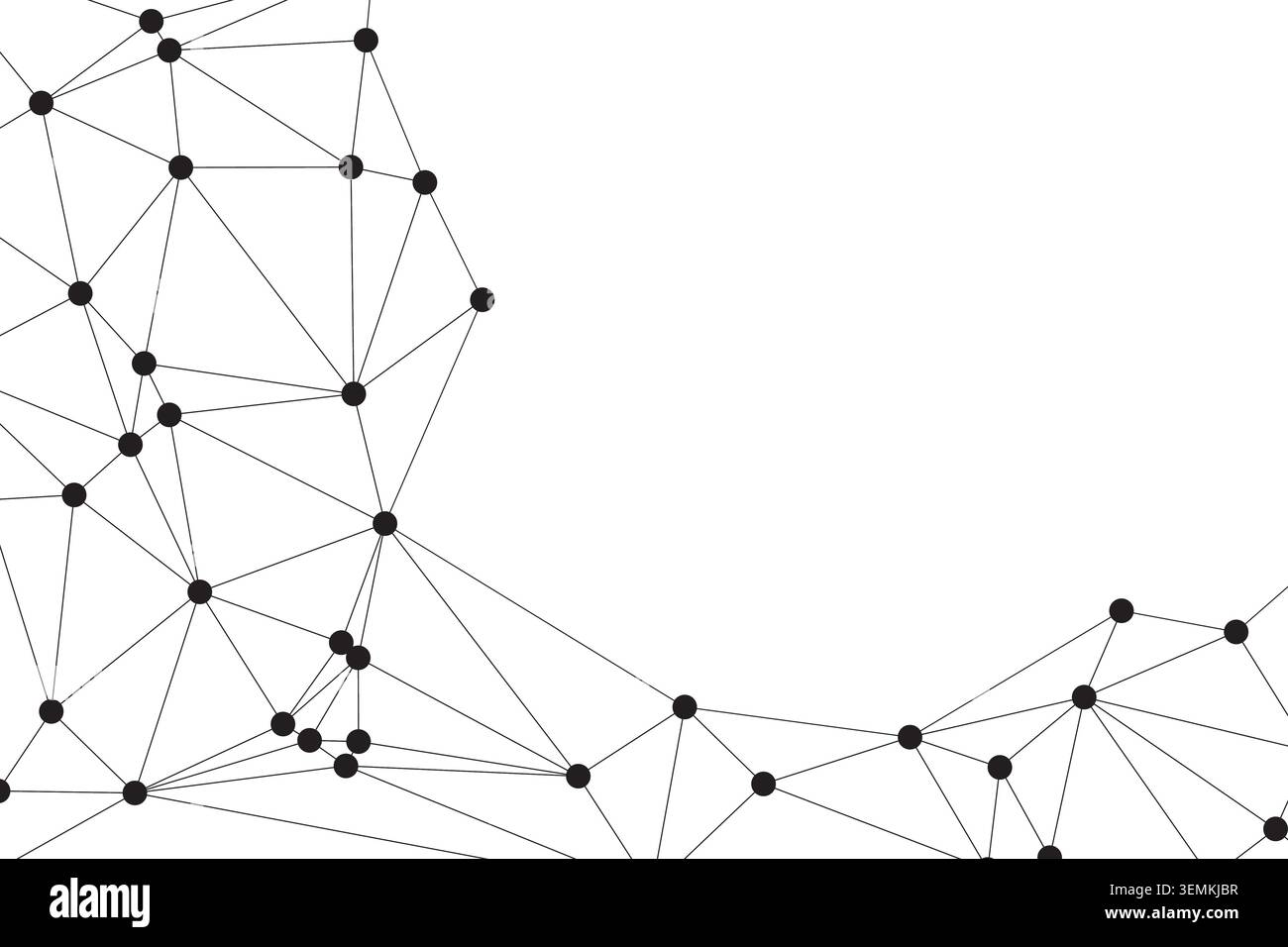 Abstract image features a dynamic network of black dots connected by lines on a white background, creating a visual metaphor for global communication, Stock Vector