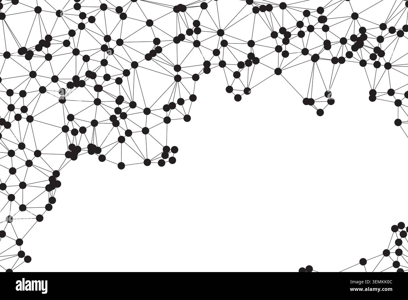 Abstract geometric network on white background. Complex data visualization concept with intricate black lines and dots representing interconnected inf Stock Vector
