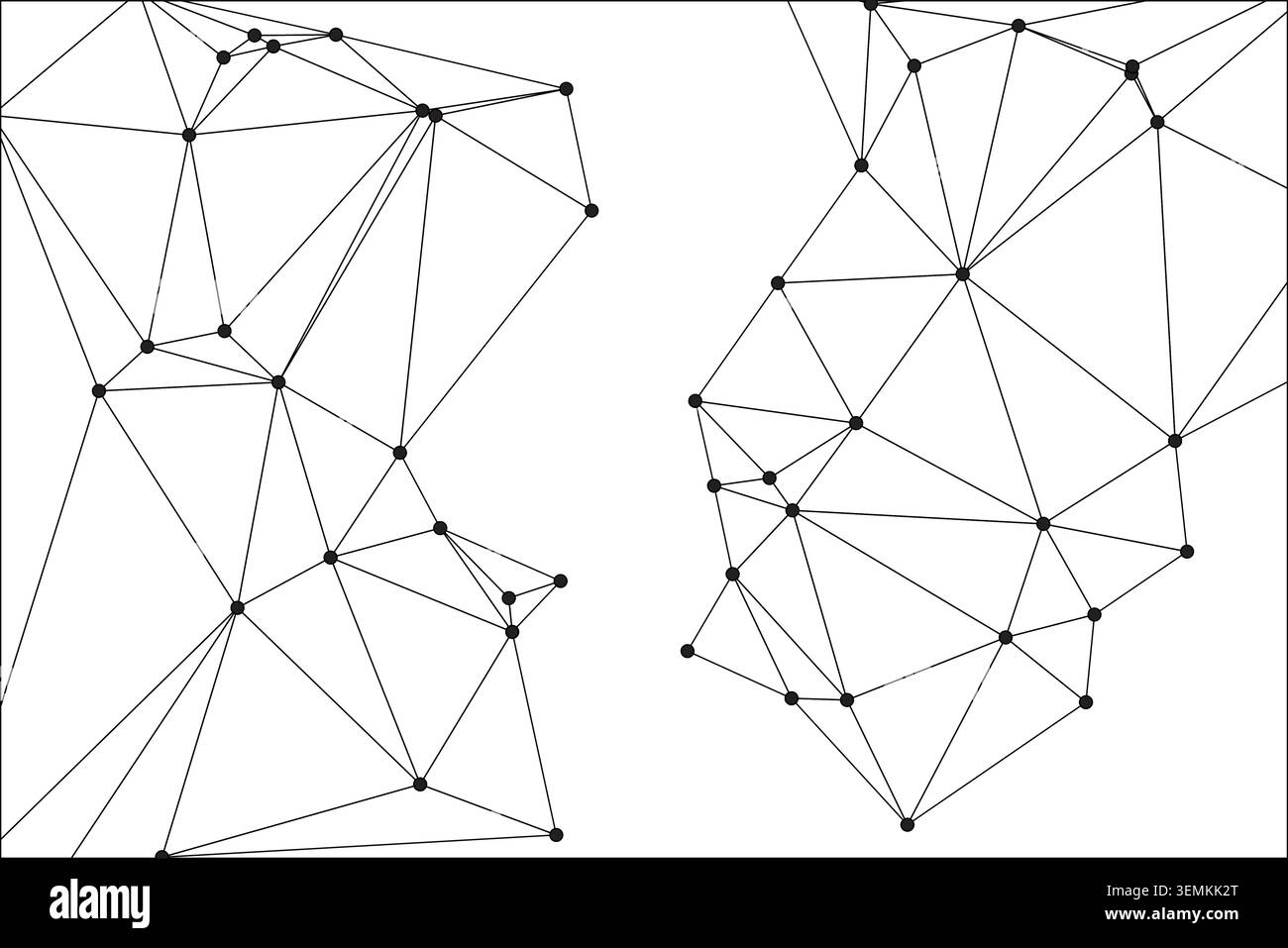Abstract geometric composition, two network structures, interconnected dots, triangular formations, modern digital art, minimalist graphic design, dat Stock Vector