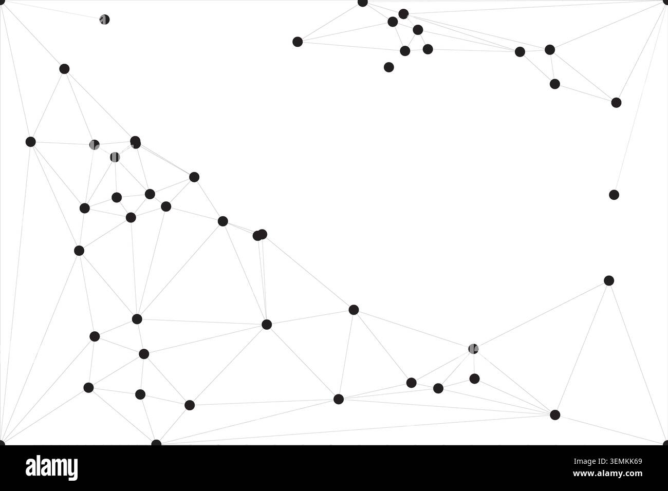 Geometric web on white background, composed of black points linked by subtle gray lines, forming a complex and dynamic abstract pattern Stock Vector