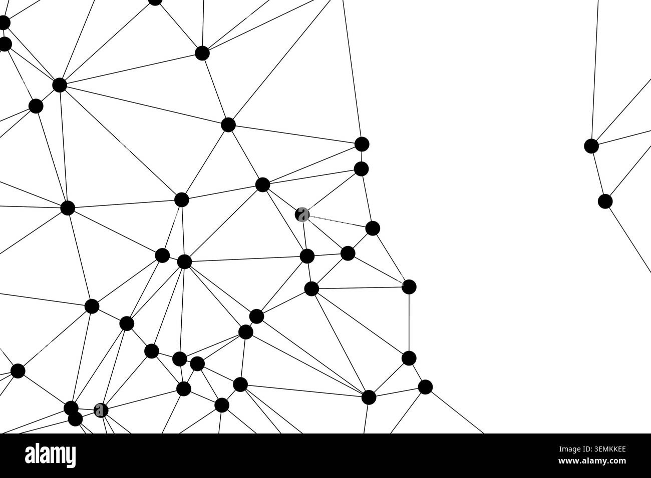 Abstract geometric network pattern with black dots and connecting lines on white background. Illustration of data flow, technological innovation, and Stock Vector
