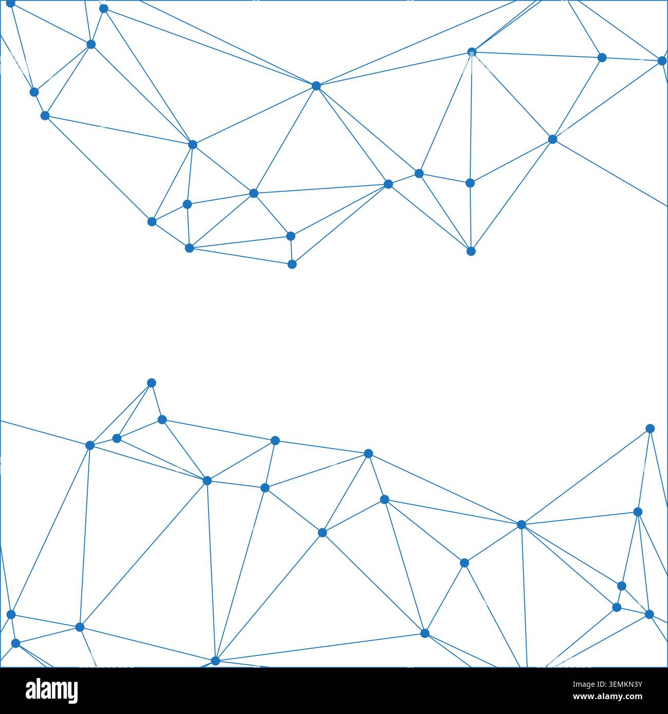 Dynamic abstract background with blue interconnected dots and lines. intricate network forms a geometric polygonal pattern, framing empty white space Stock Vector