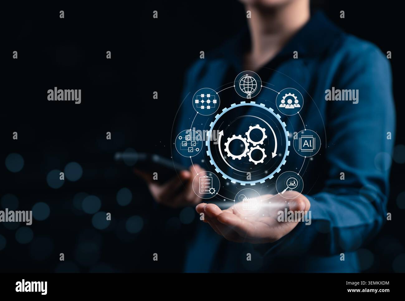 Business Process Automation and Workflow Optimization System Concept. Businessman holds gears, workflow icons, data network, checklist, analytics, Stock Photo