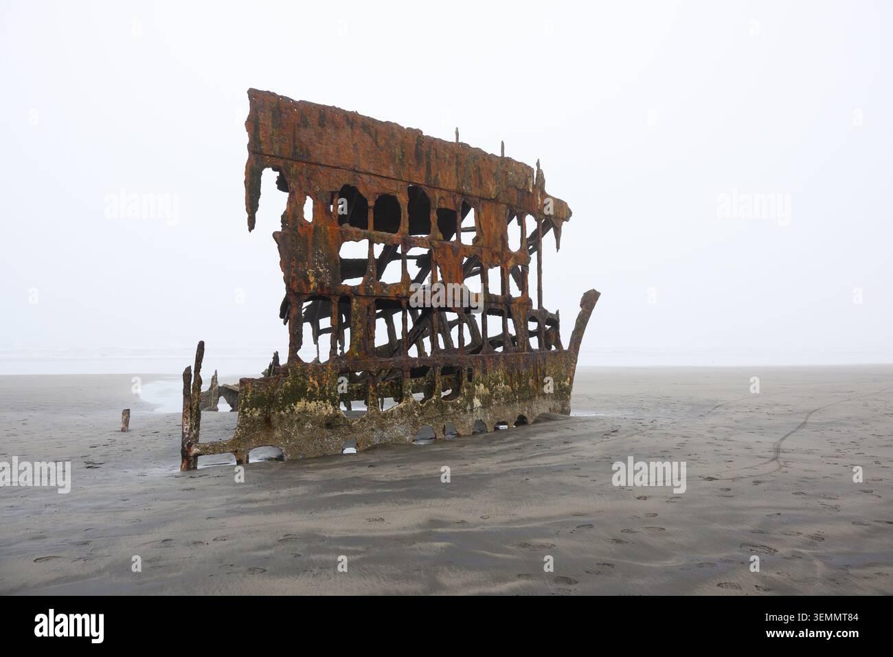 Rusting skeleton of the wreck of the Peter Iredale on Oregon Beach in fog Stock Photo