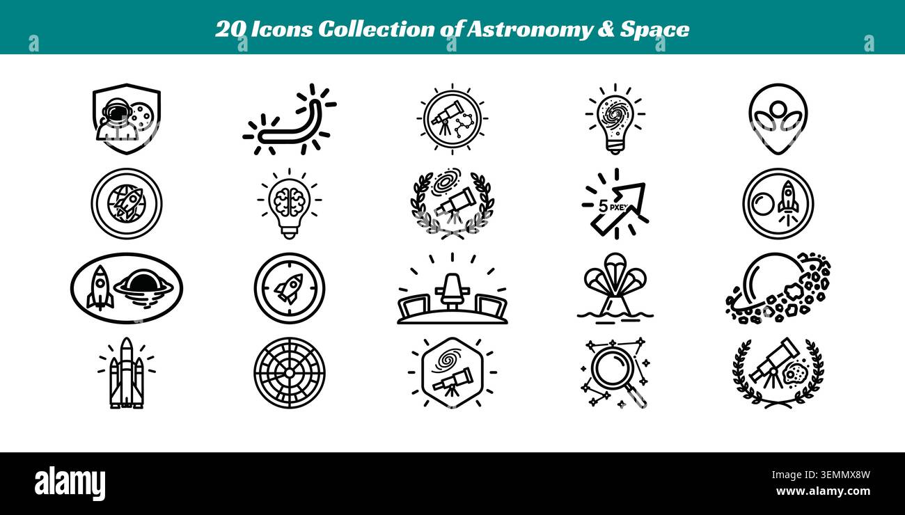 Twenty stylish black and white line icons representing astronomy, space exploration, telescopes, rockets, planets, and scientific discovery. Stock Vector