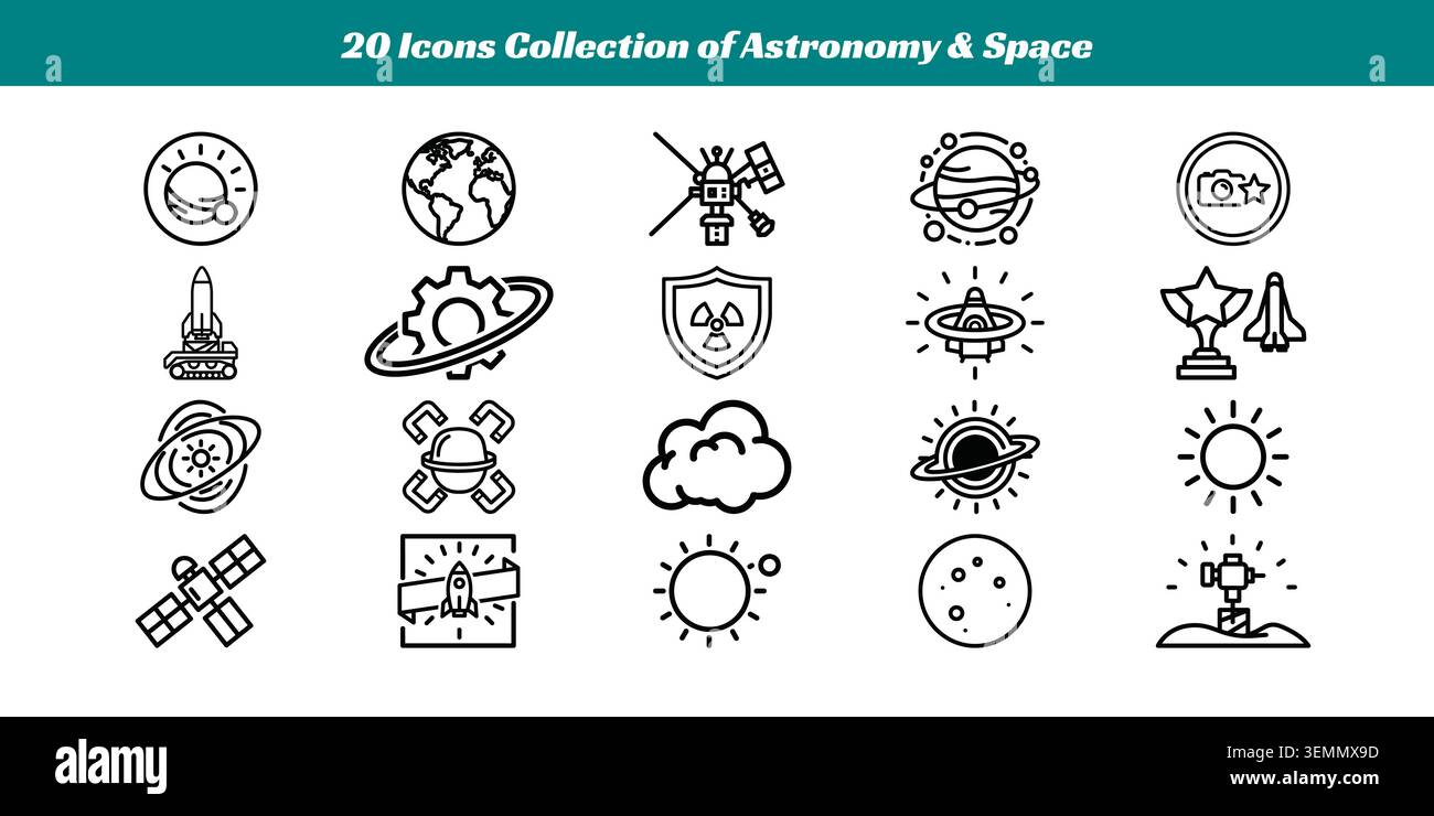 A set of 20 clean, minimalist line icons depicting various astronomy and space elements like planets, rockets, telescopes, and satellites. Perfect for Stock Vector