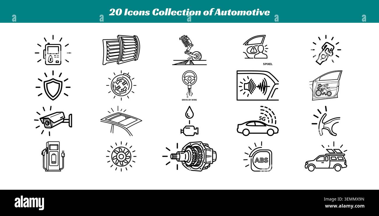 A collection of 20 clear and stylized icons representing various automotive tools Stock Vector