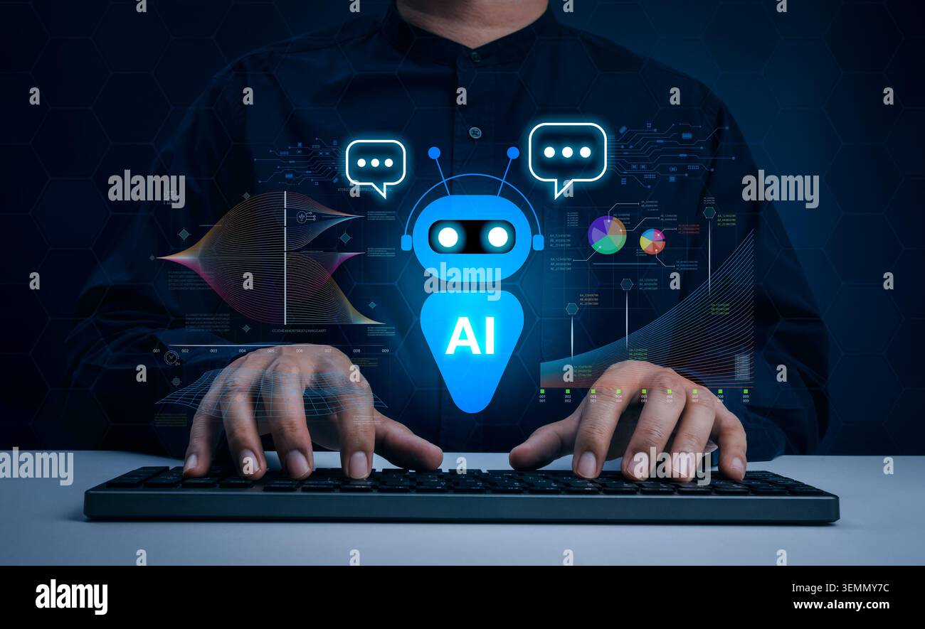 Business professional using AI assistant chatbot interface with data analytics dashboard and automation technology. Artificial intelligence productivi Stock Photo