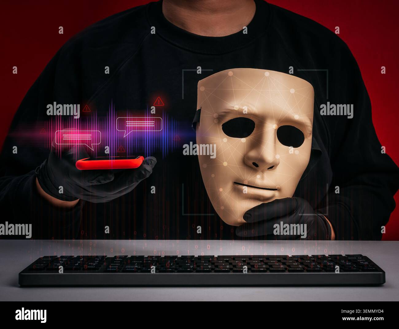 Cybercriminal holding mask with AI voice scam interface and digital identity manipulation concept. Voice cloning, deepfake crime, impersonation fraud, Stock Photo