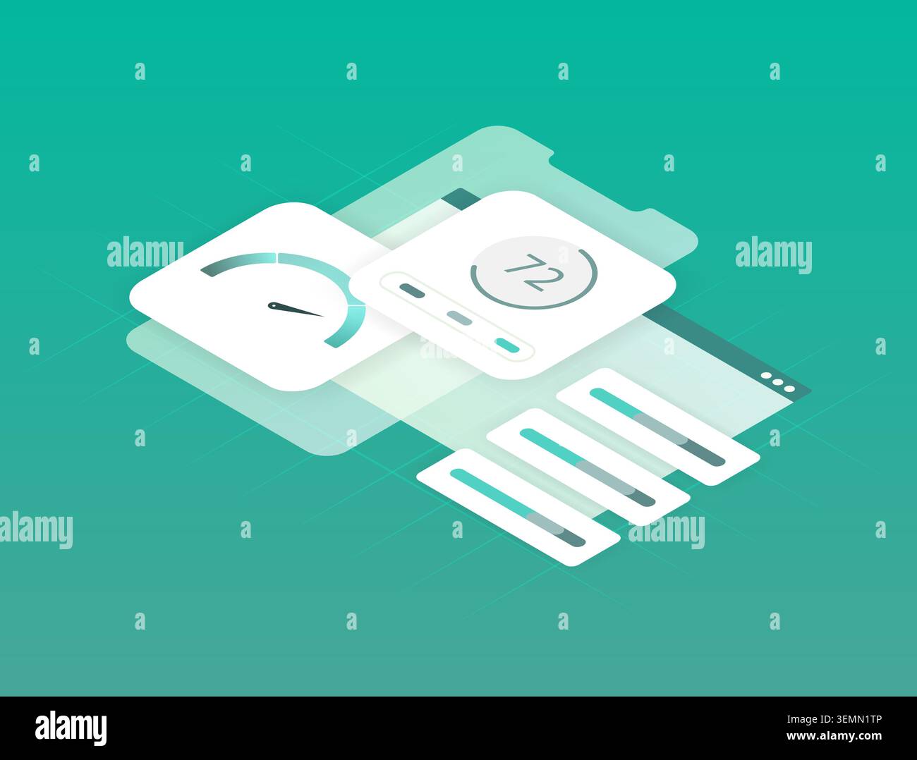 Performance optimization with isometric settings controls and application configuration interface. Adjust system parameters, manage efficiency levels, customize software behavior vector illustration. Stock Vector