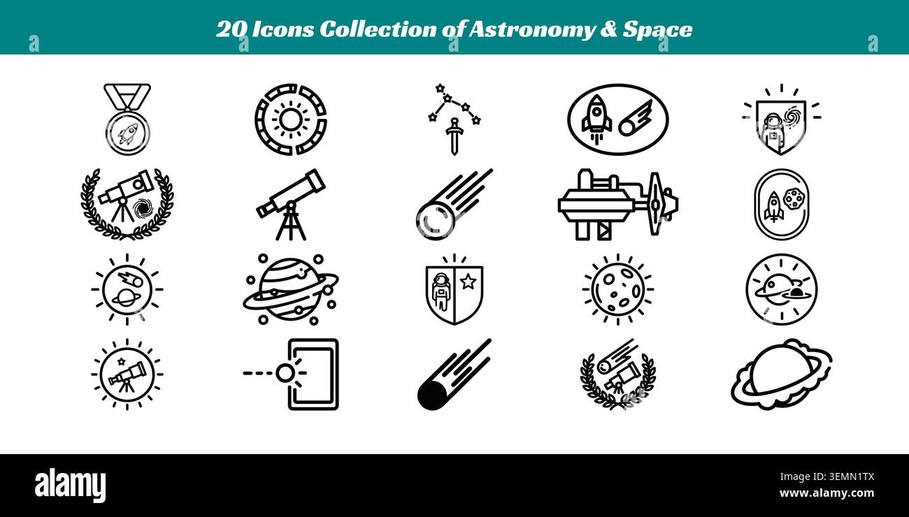 A diverse set of 20 stylish flat line icons representing astronomy, space exploration, and celestial objects for educational and creative use. Stock Vector
