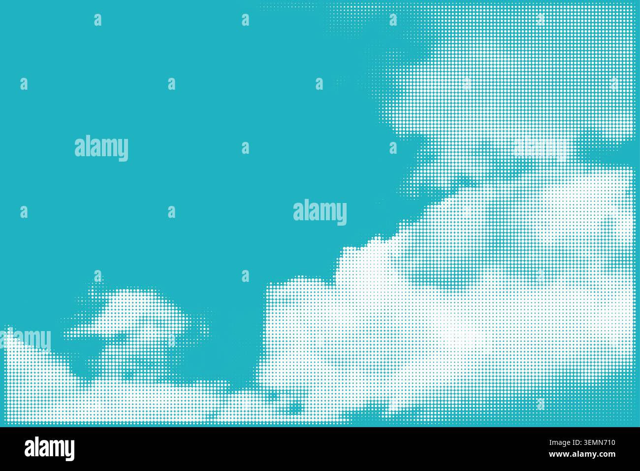 Halftone illustration of clouds on a blue sky background. Vibrant blue sky with white halftone dot style clouds created using dot patterns, perfect fo Stock Vector