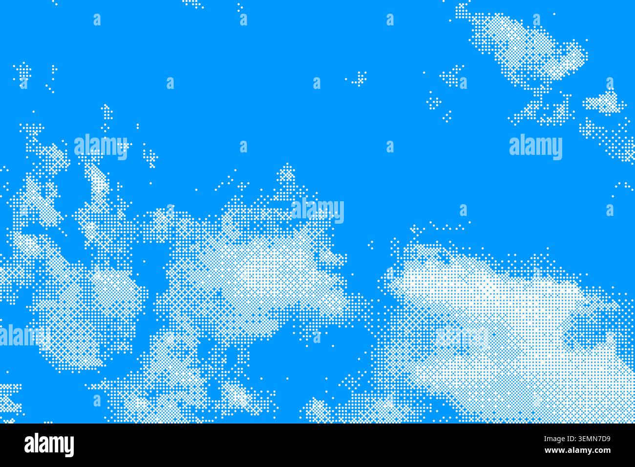 Halftone illustration of clouds on a blue sky background. Vibrant blue sky with white halftone dot style clouds created using dot patterns, perfect fo Stock Vector