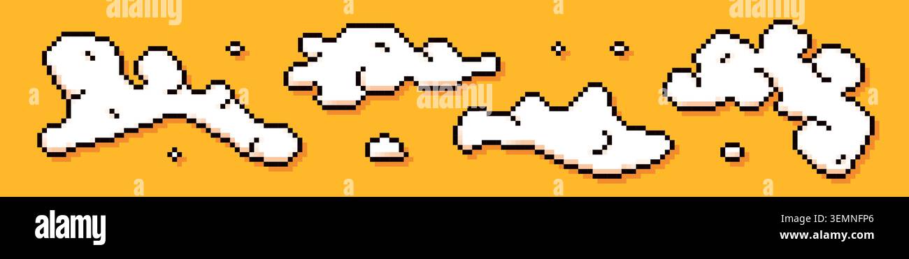 Four pixel art clouds on yellow background. Stock Vector
