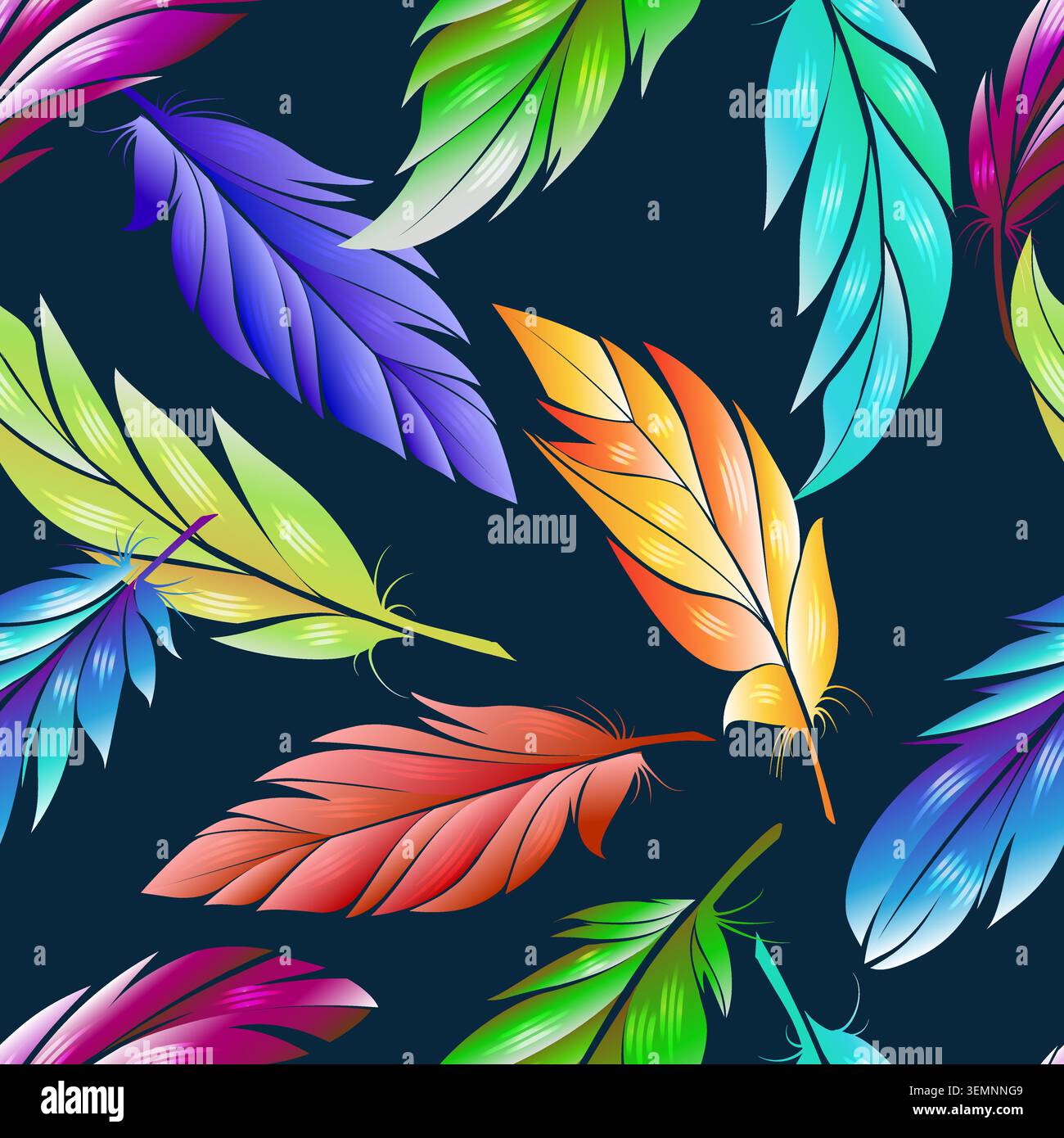 Bird feathers on black seamless pattern Stock Vector