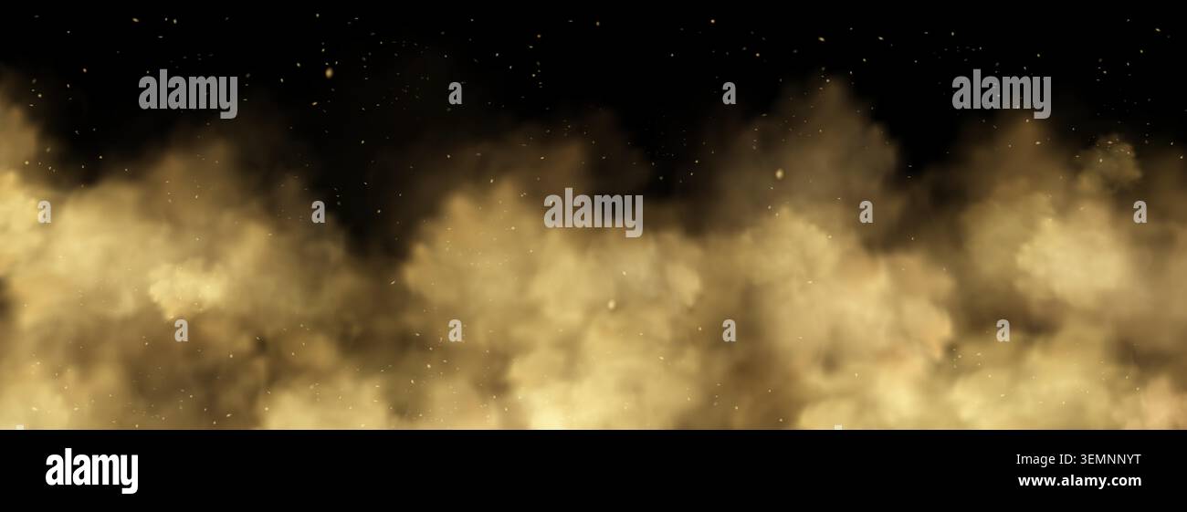 Sand dust cloud with flying particles on transparent background. Desert storm with brown smoke and dirt explosion effect. Realistic sandstorm overlay with powder and wind blown soil for dynamic impact Stock Vector