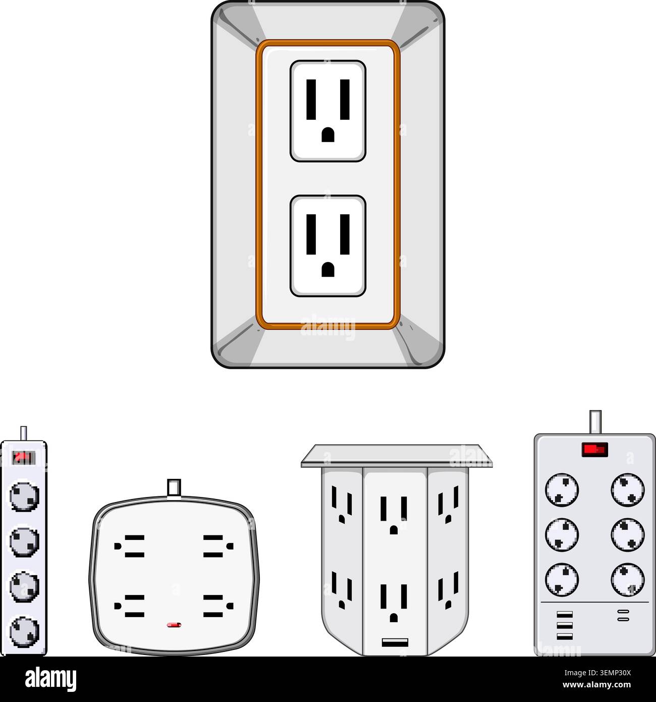 Various power strips and wall outlets offering multiple connections Stock Vector