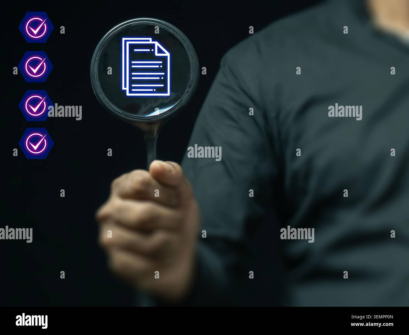 Document Verification and Quality Assurance Inspection Concept with Approval Checkmark. Stock Photo