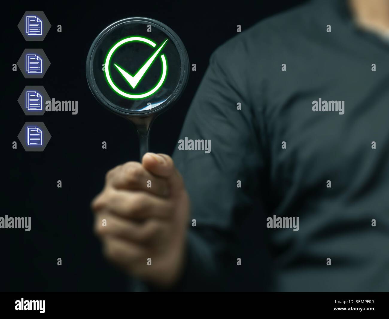 Document Verification and Quality Assurance Inspection Concept with Approval Checkmark. Stock Photo