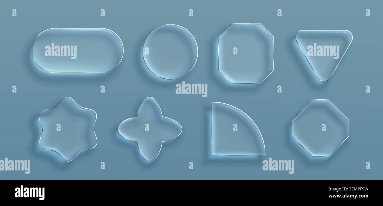 Transparent glass frames with glossy morphism effect, vector set isolated on background. 3D ui elements with realistic texture, rounded corners, crystal clear borders for modern digital interface Stock Vector