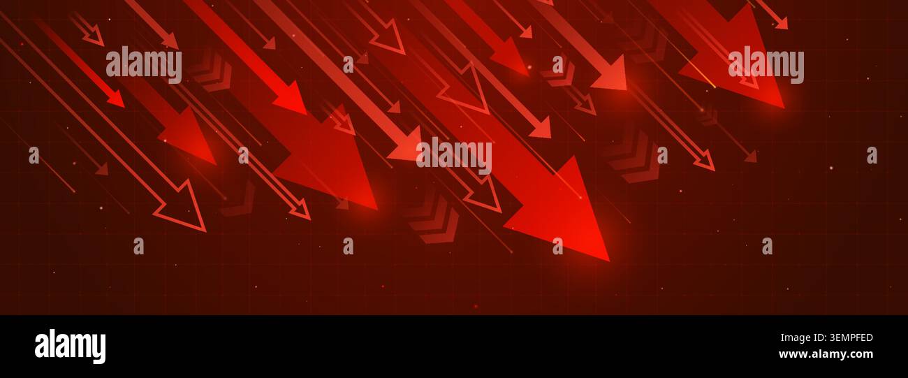 Red neon arrows moving down, financial loss abstract vector background. Modern downward graphic, negative market trend, stock recession metrics, and business decrease concept Stock Vector