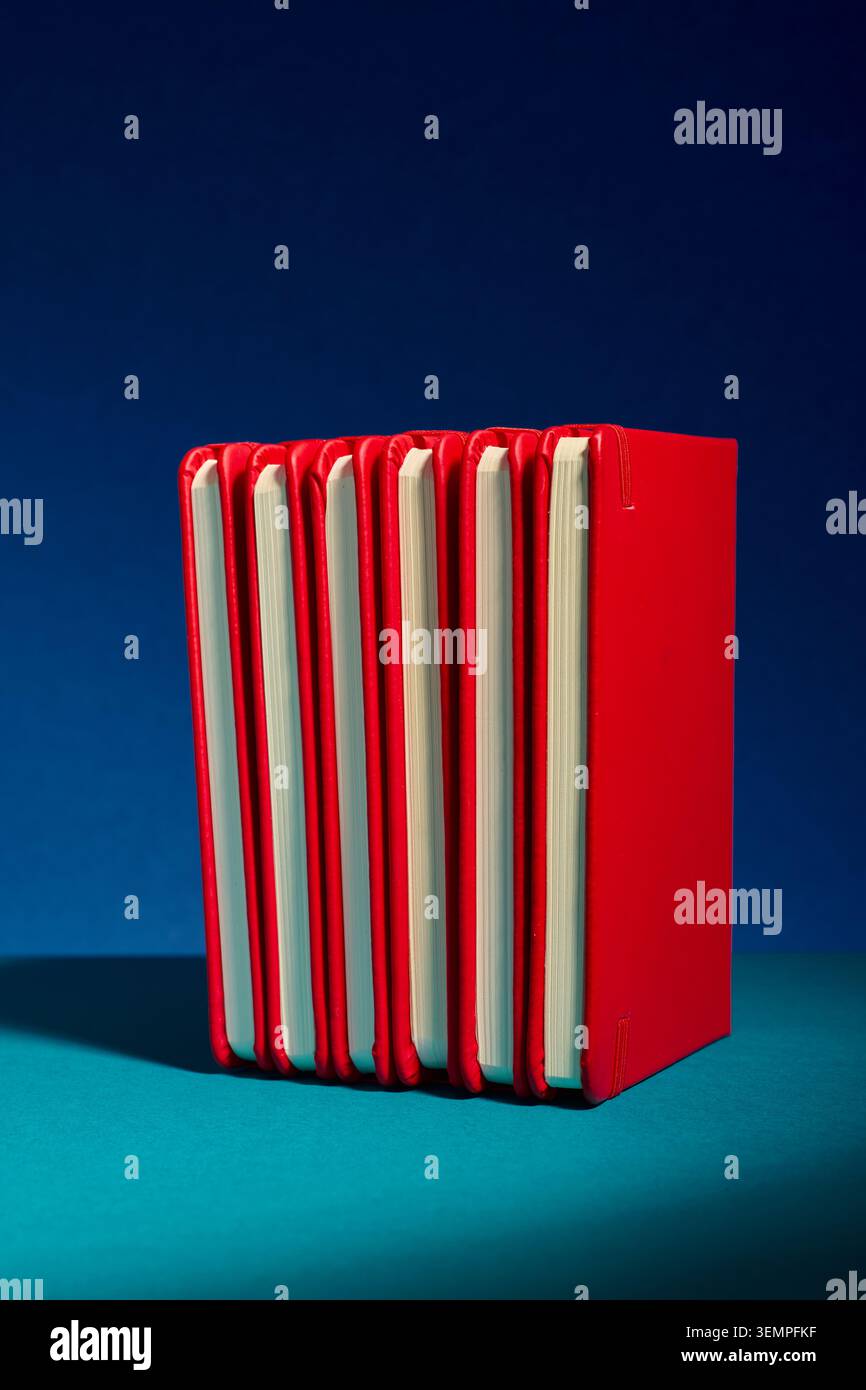 Row of red notebooks creates a striking graphic pattern Stock Photo