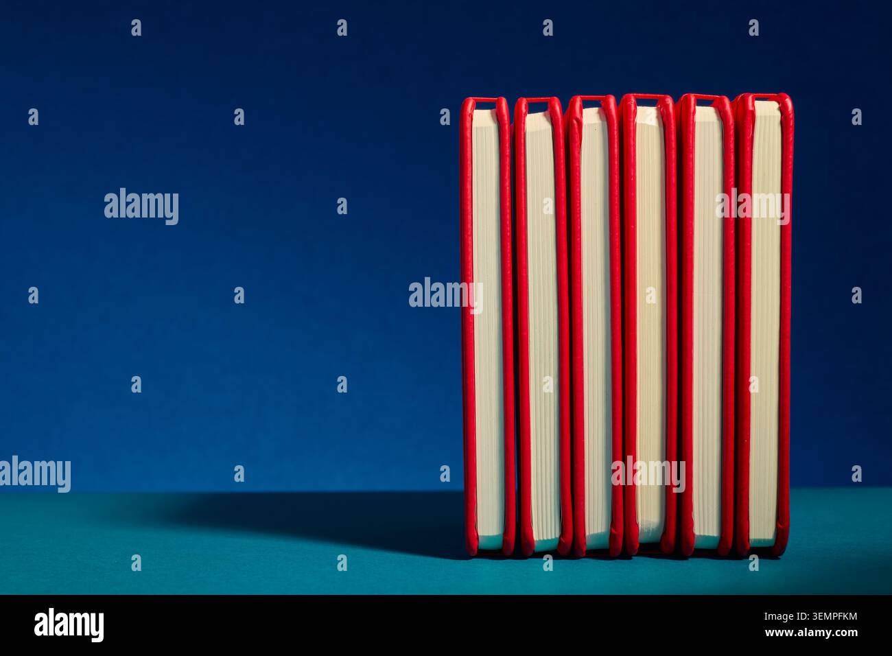 Six red hardcover notebooks for taking notes standing in a row Stock Photo