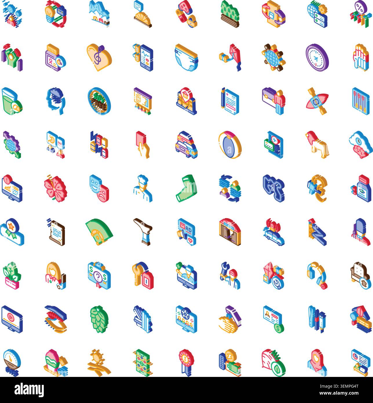 Isometric icon collection illustrating various business and technology objects Stock Vector