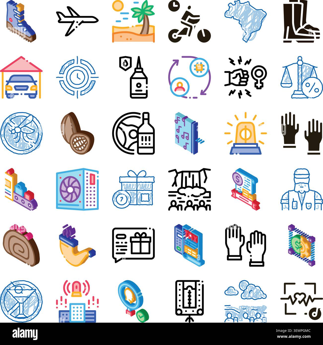 Diverse icon set representing technology, travel, work, and justice Stock Vector
