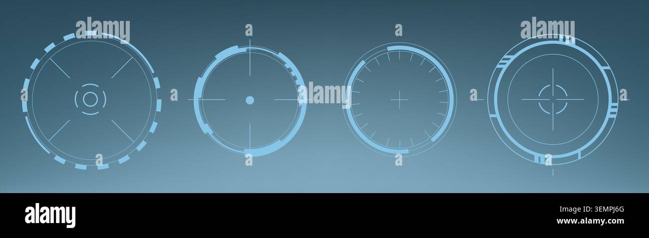 Futuristic hud circles with glowing digital frame, neon target interface, abstract vector illustrations isolated on background. High tech game screen elements for sci-fi design projects Stock Vector