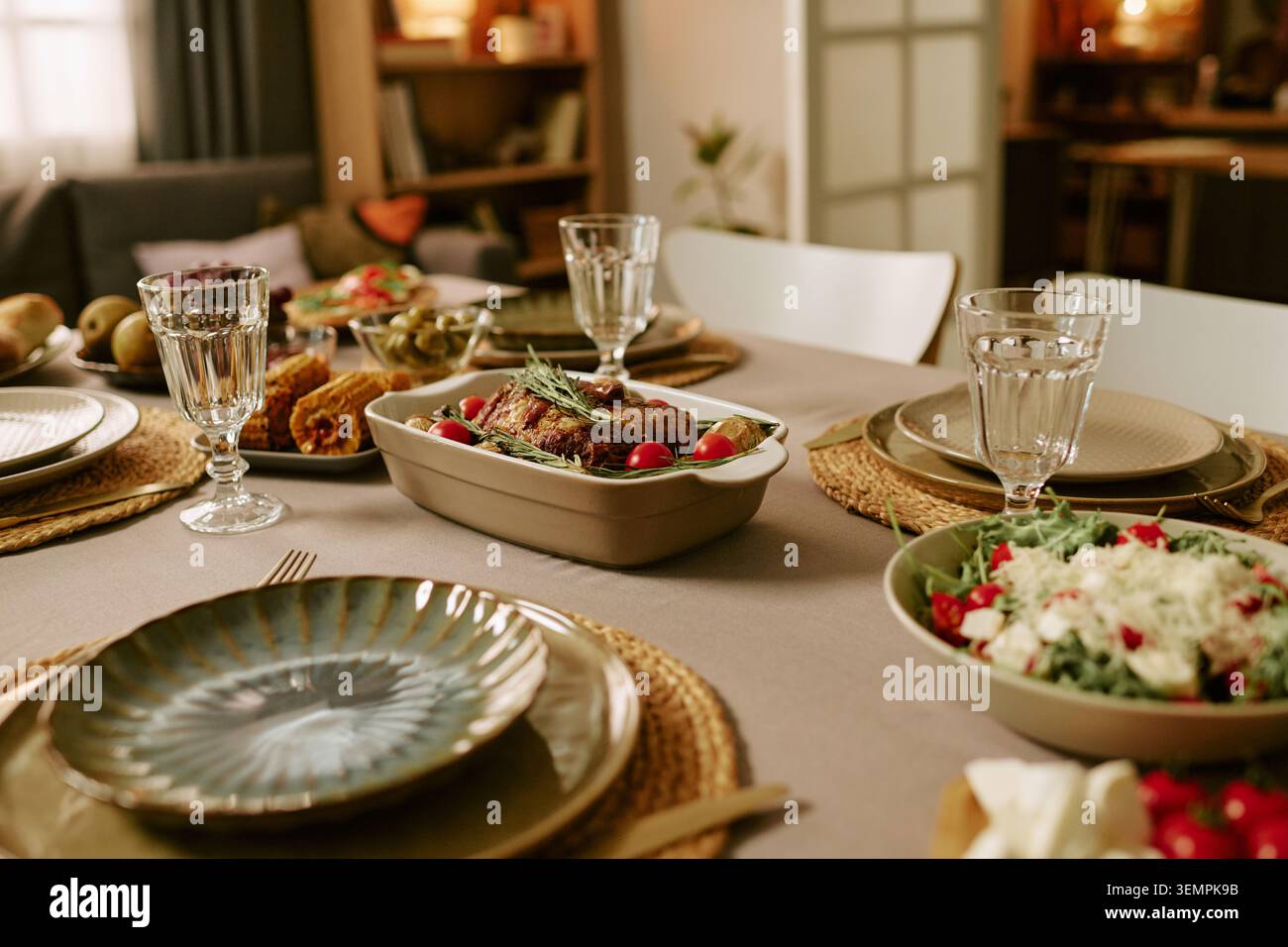 Lunch Table Setting Prepared for Shared Meal at Home Stock Photo