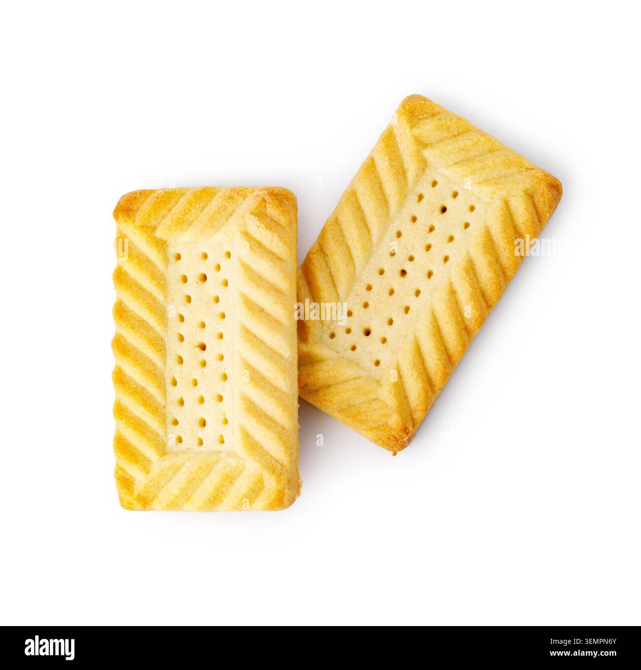 Two delicious shortbread biscuits, rectangular and golden, for a sweet snack Stock Photo
