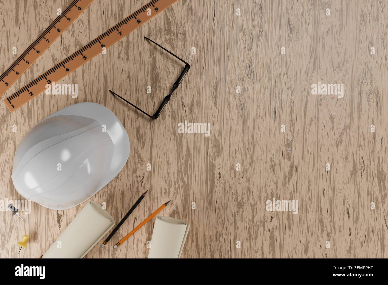 3D illustration of an engineer workspace. White hard hat, rulers, glasses, and pencils on a wooden background with copy space. Concept of construction Stock Photo