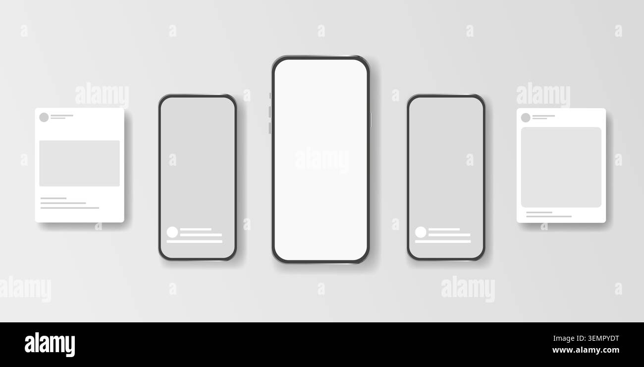 Editable smartphone mockup collection with post, social media templates. Modern vector mobile screen frames for content creators, branding, marketing. Stock Vector