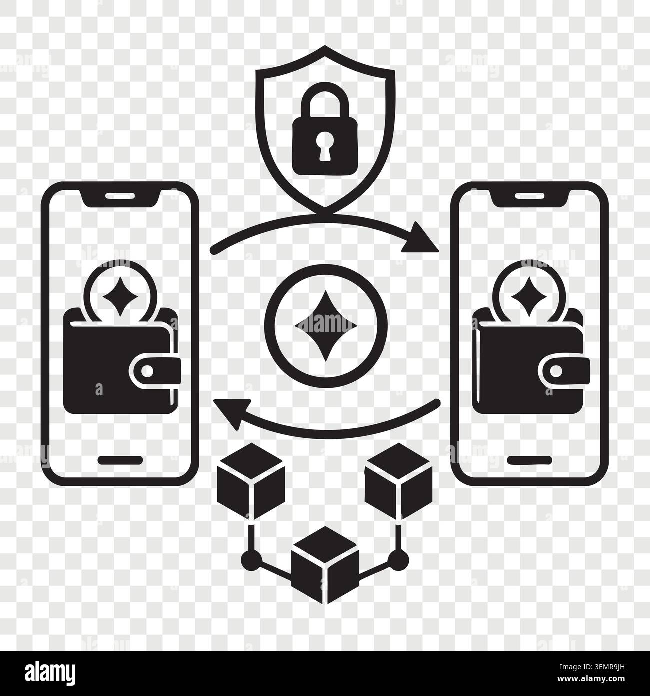 Secure cryptocurrency transaction between two mobile phones Stock Vector