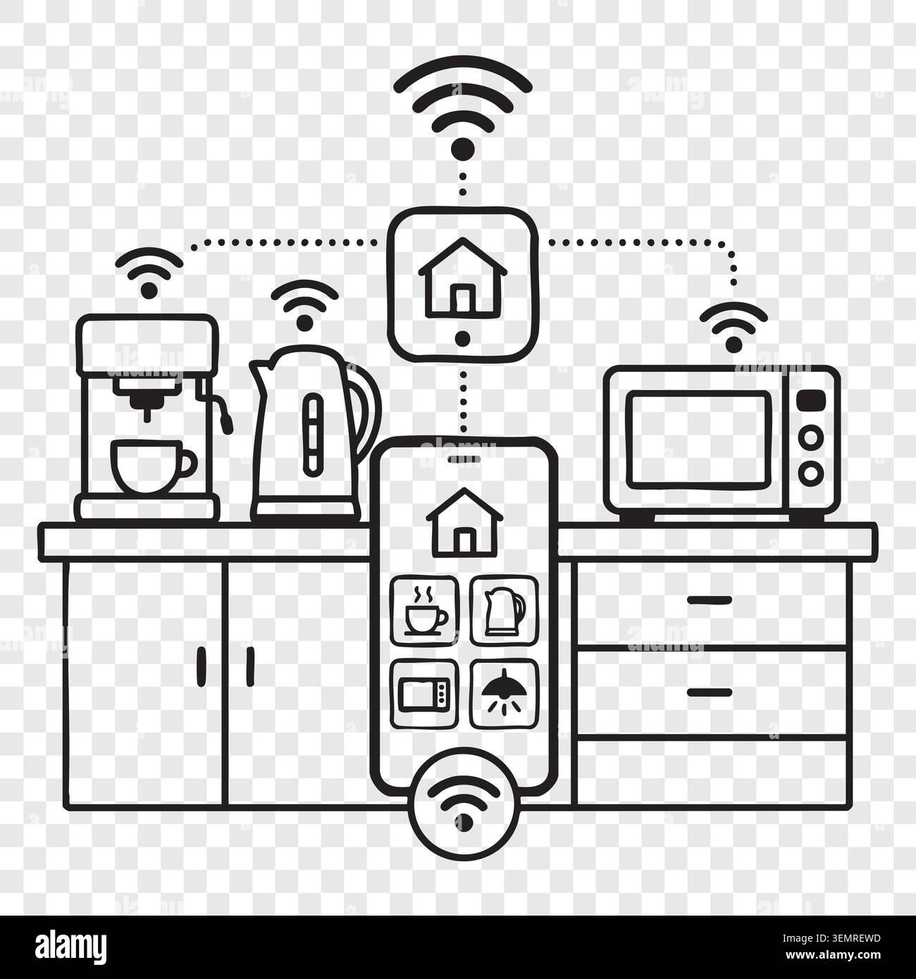 Smart kitchen appliances connected via wireless home network Stock Vector