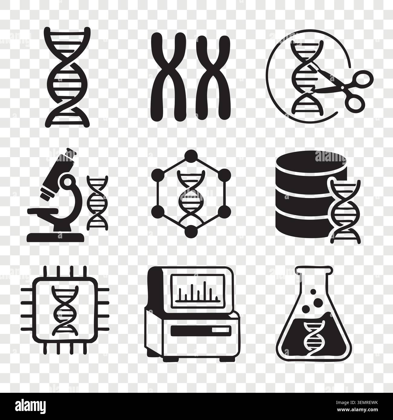 Genetics and dna research line icons set with microscope Stock Vector