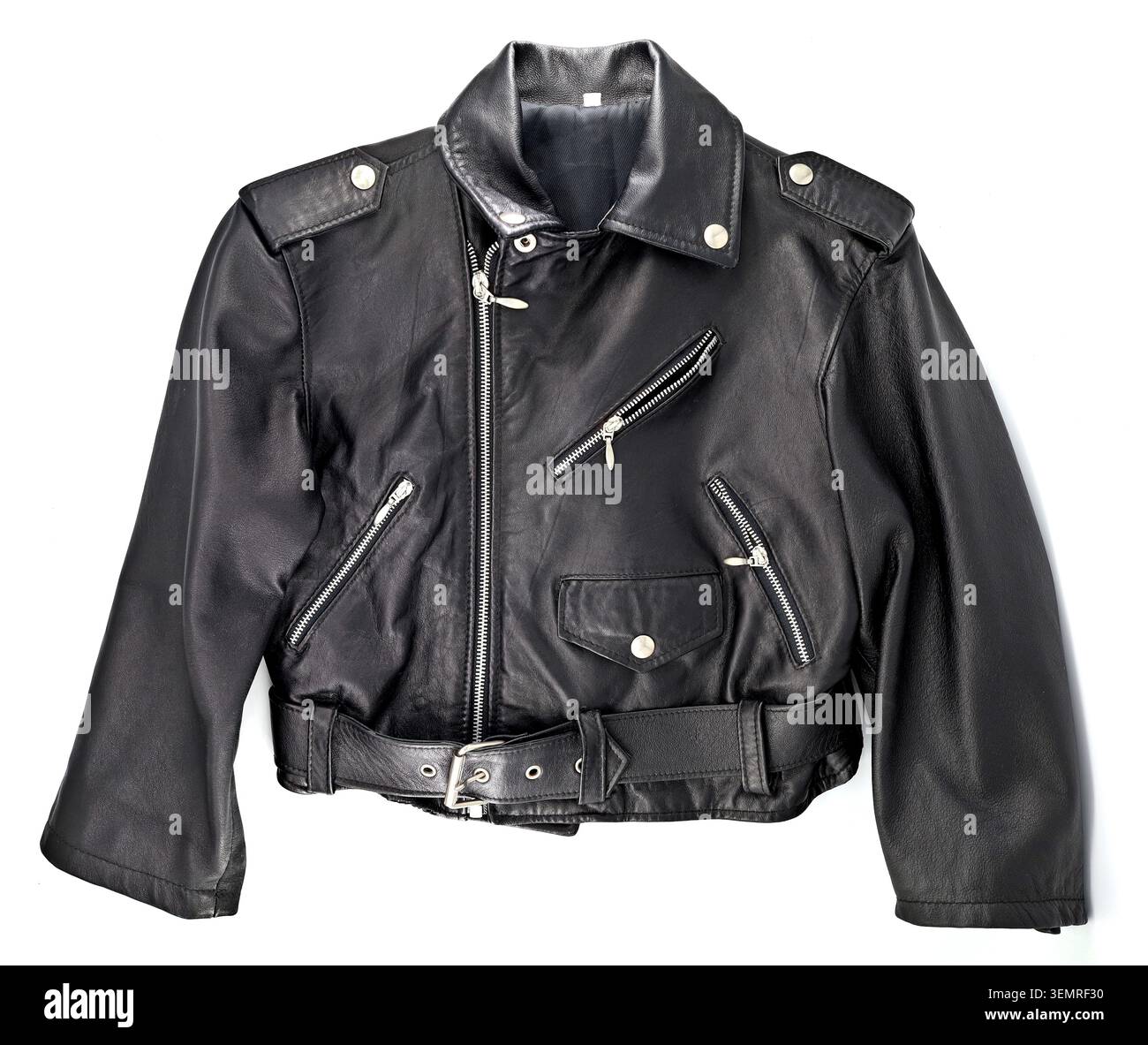 Studded black leather jacket on white background	. Stock Photo