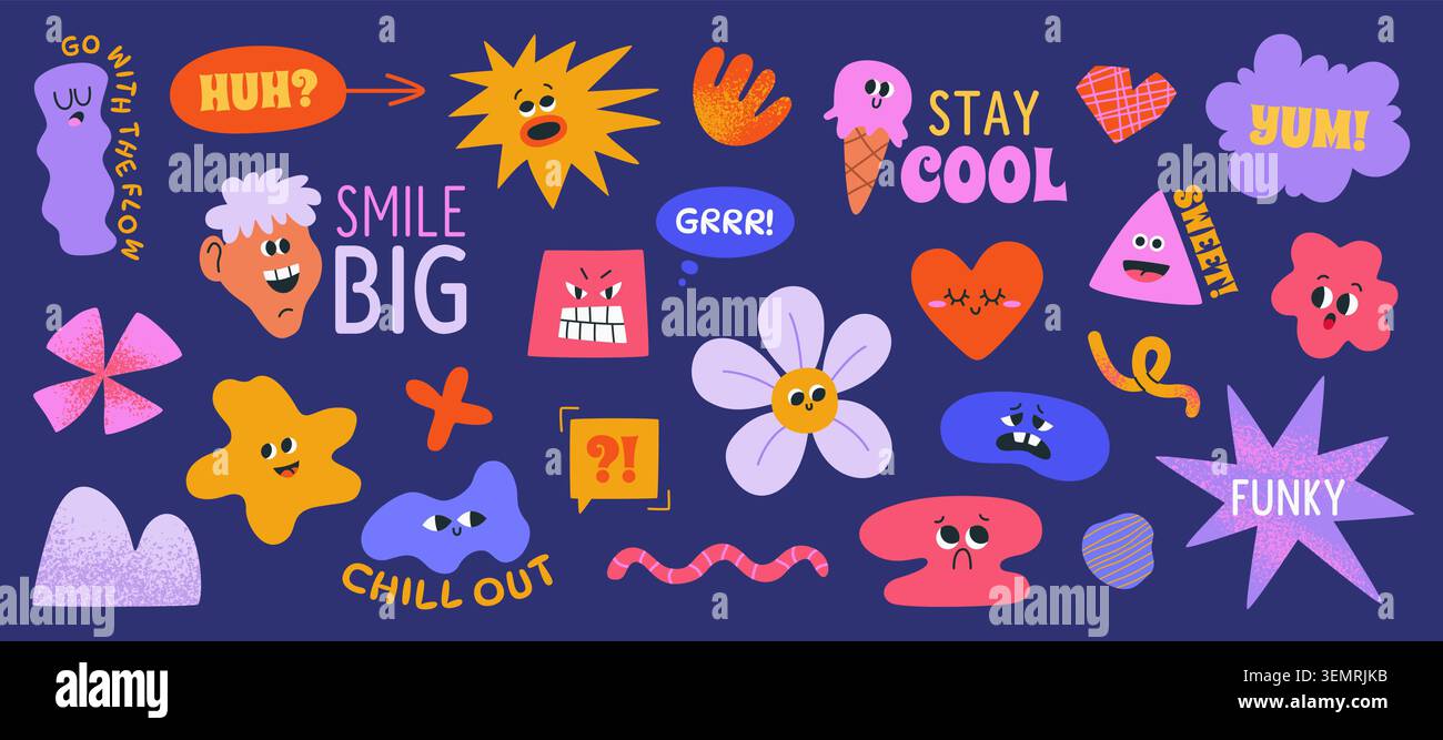 Funky naive art set. Doodle illustrations. Vector Stock Vector