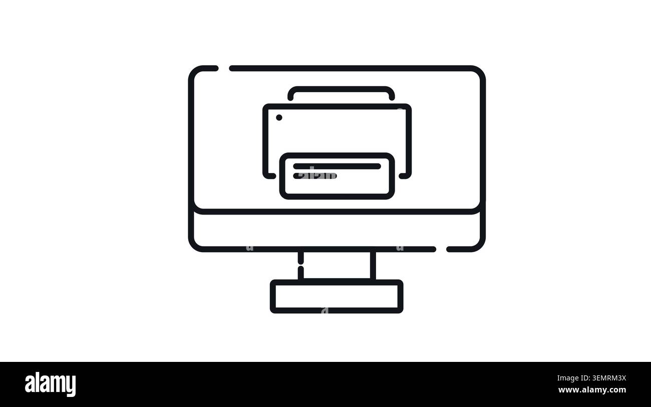 Desktop computer and printer icon: PC workstation displaying print management symbol on screen, minimalist black line art vector illustration. Stock Vector