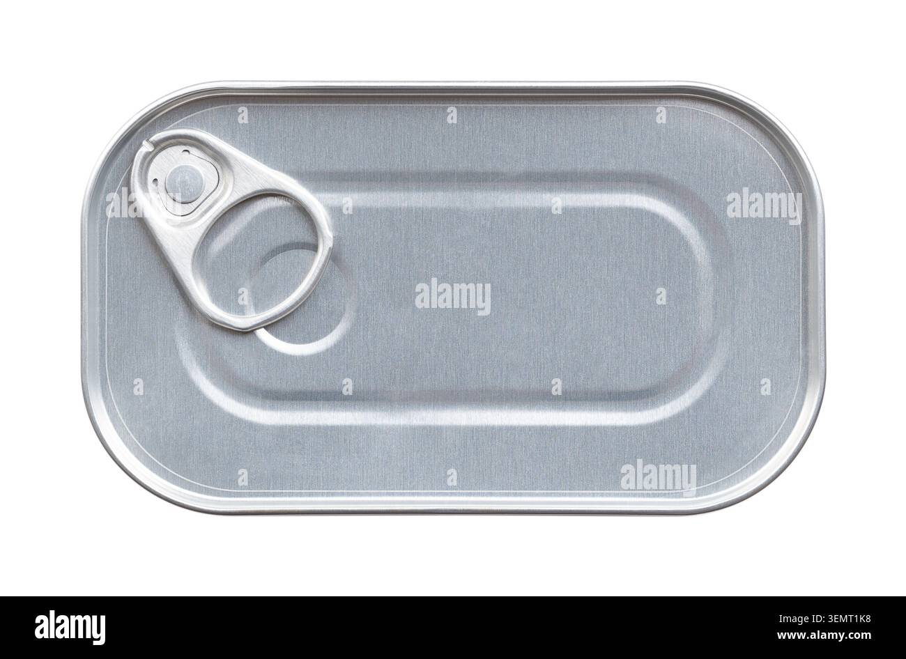 Unopened tin can, with ring-pull lid, from above. Rectangular easy-open can, a rigid, cylindrical metal container for convenient, tool-free opening. Stock Photo