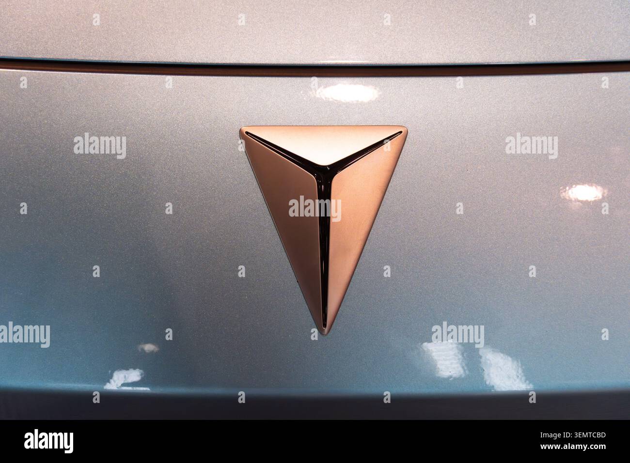 Ev Triangles Deepal EV copper triangle logo close-up on light blue metallic body at ...