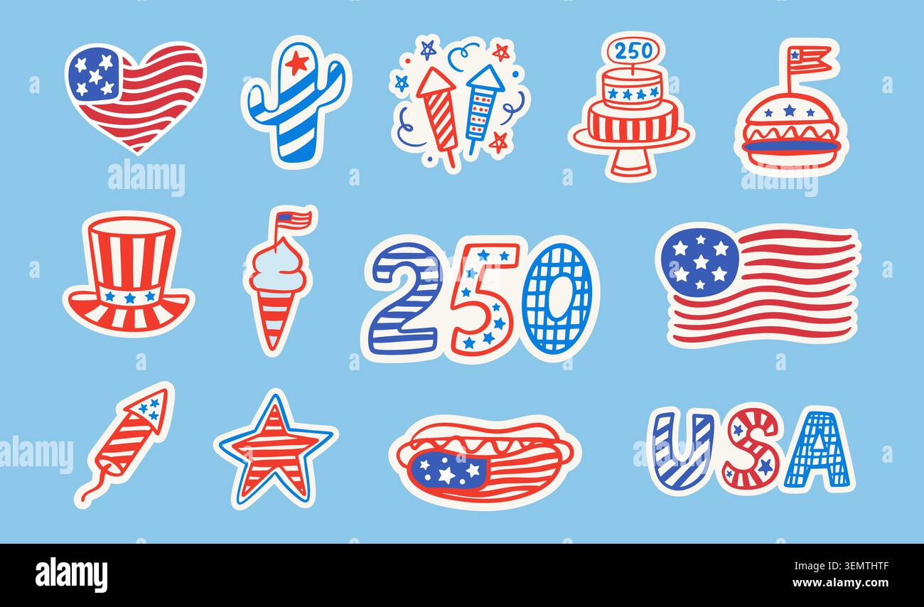 250 years of America, 4th of July USA sticker set Stock Vector