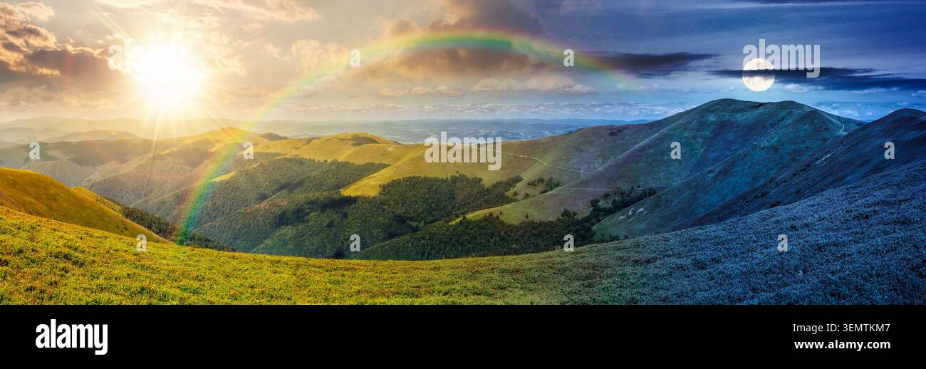 panorama of mountainous landscape. day meet night. wide view of cloudy sky with sun and moon in harmony over the grassy slope of a mountain ridge. epi Stock Photo