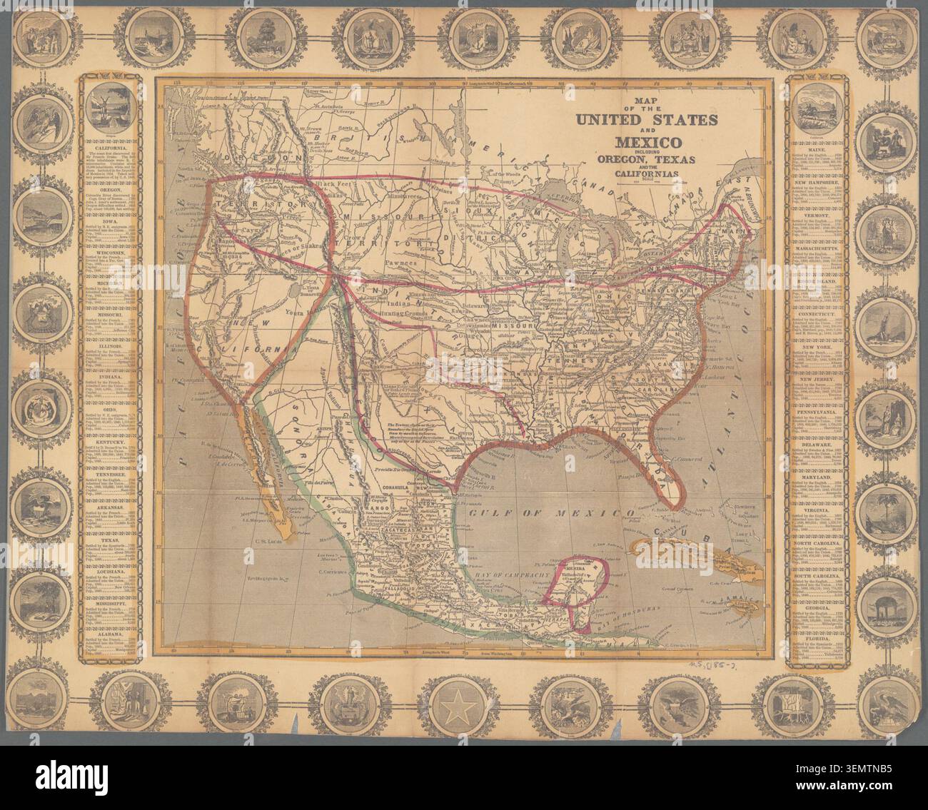 Historic illustration of a map of the United States and Mexico ...