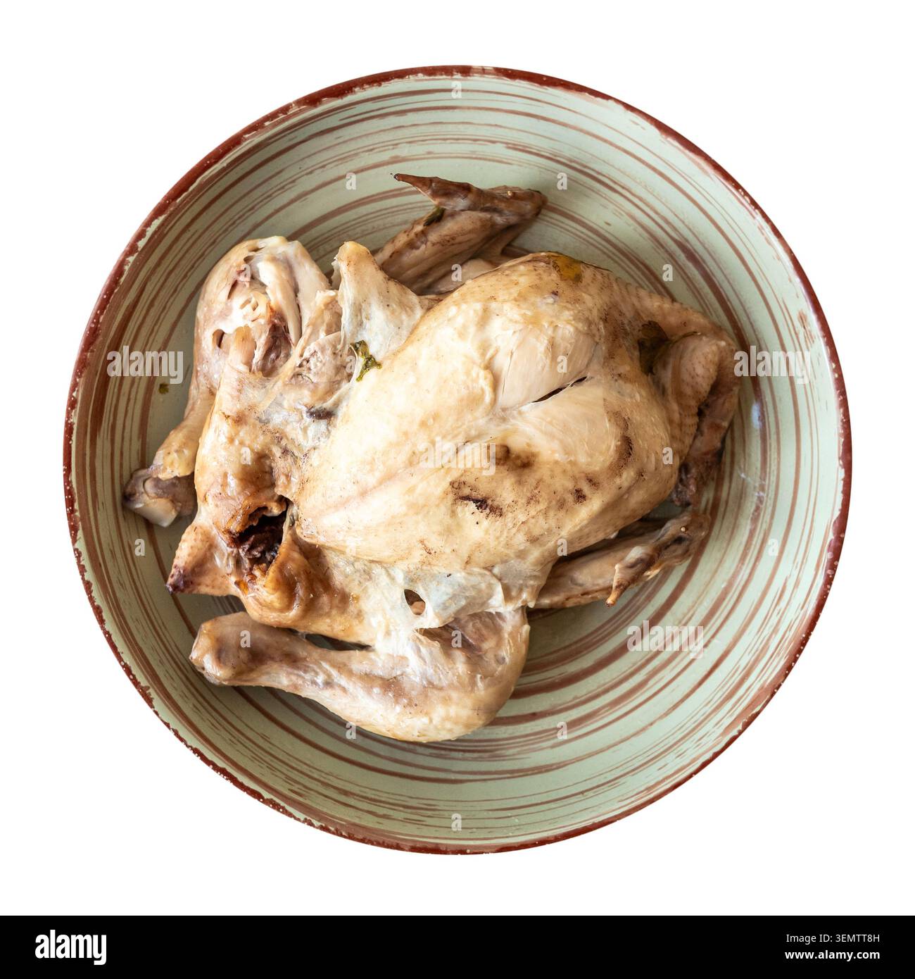 boiled chicken on ceramic plate cutout on white background Stock Photo