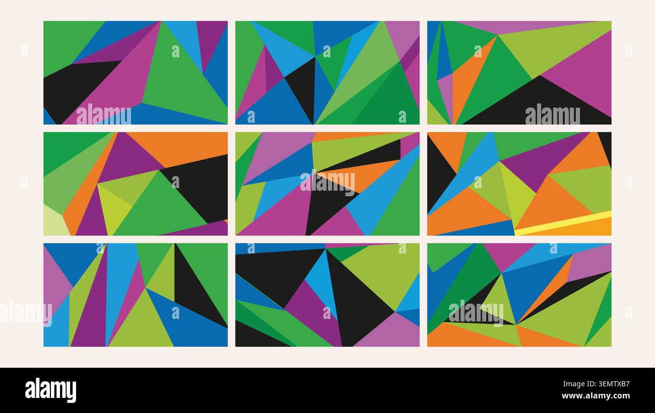 Bold triangular shards in dynamic compositions with vivid colors like green, purple, orange, and blue. Great for edgy digital visuals, posters, and creative design assets. Stock Vector