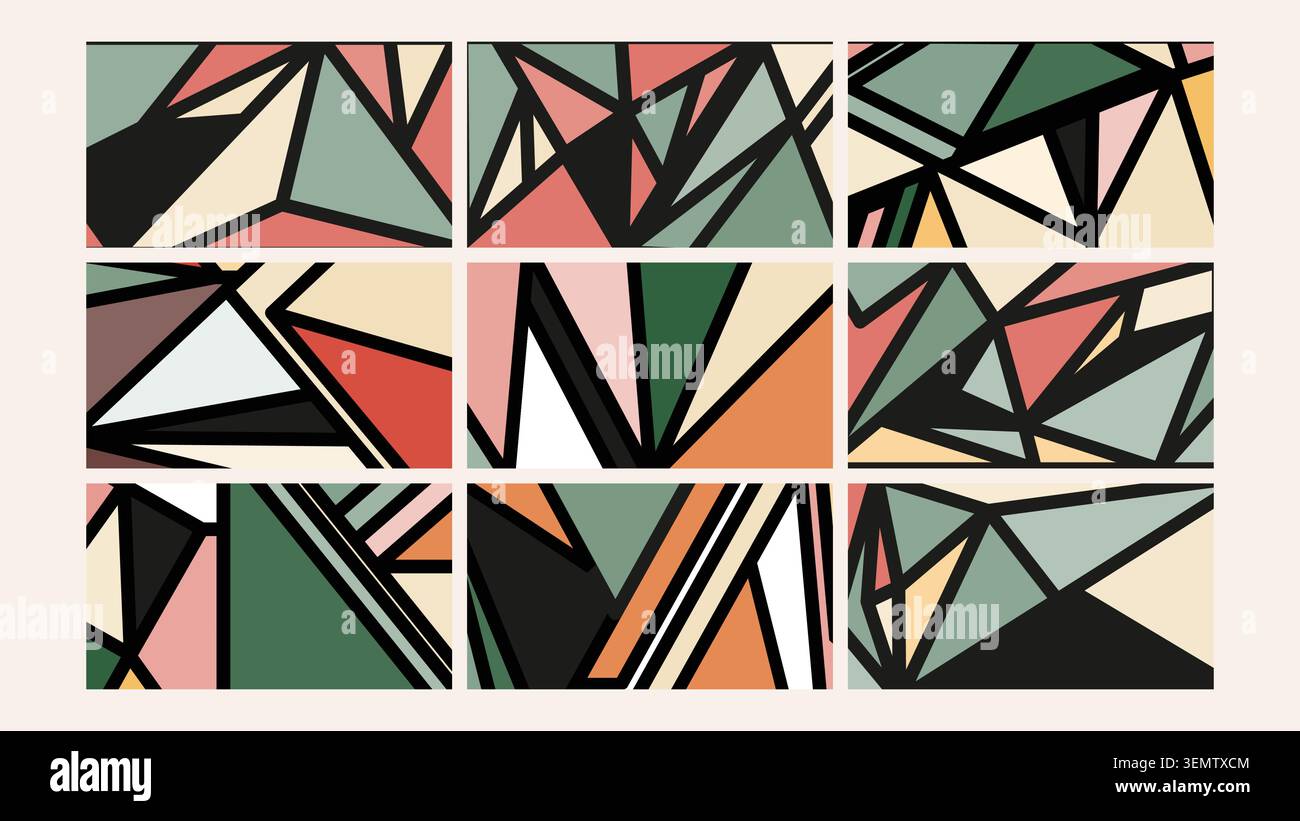 Retro-inspired angular mosaic design with soft green, salmon, beige, and black tones. Ideal for abstract visuals, creative branding, and contemporary digital compositions. Stock Vector